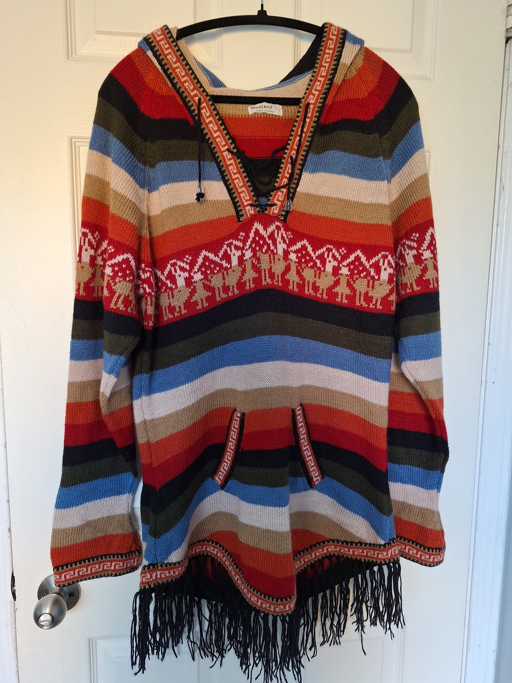 Peruvian Hooded Fringe Poncho Sweater - Multi-Stripe